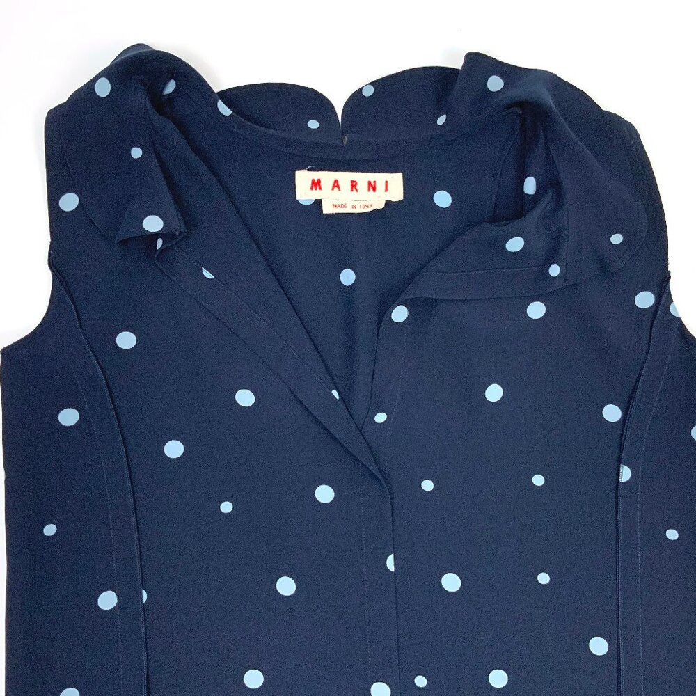 MARNI Navy Blue Polka Dot Sleeveless Blouse Ruffle Neck Sz 44 (M) - Picture 3 of 16